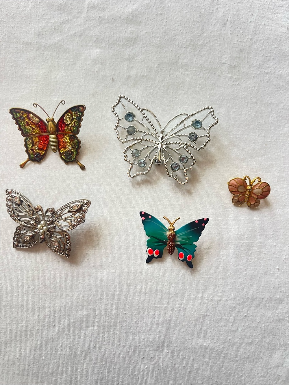 Lot of 5 Butterfly Brooch Lot - Multicolor Enamel & Silver Tones